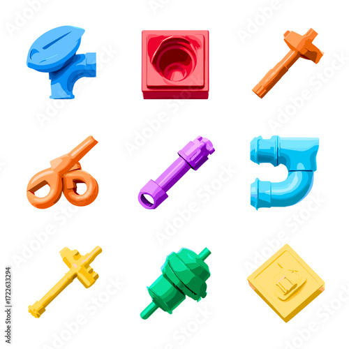This set of sleek, modern vector icons represents various plumbing tools. Each tool is depicted in a clean, 3D style with distinct colors such as blue, red, black, and green. The icons feature a varie