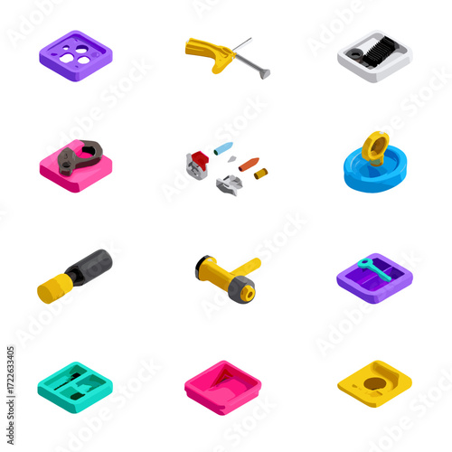 This set of sleek, modern vector icons represents various plumbing tools. Each tool is depicted in a clean, 3D style with distinct colors such as blue, red, black, and green. The icons feature a varie