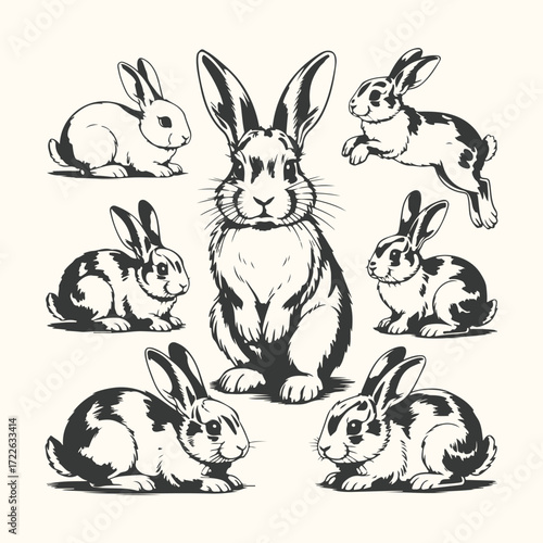 Vector art of a charming collection of seven handdrawn rabbits in various poses, showcasing different breeds and expressions, perfect for easter and spring themes