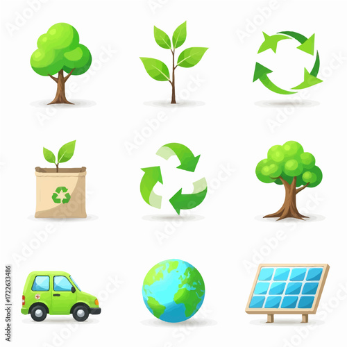Embrace sustainable living with earth-friendly icons showcasing renewable energy, recycling, and environmental conservation for a greener future
