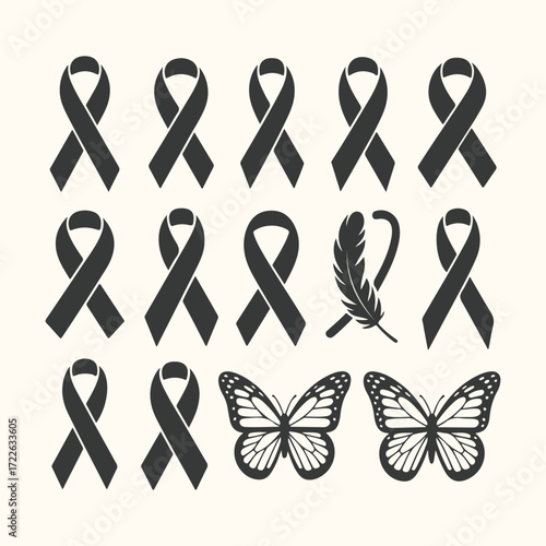 Vector art of a collection of black awareness ribbons, a feather, and two butterflies, symbolizing remembrance, support, and hope, set against a neutral background