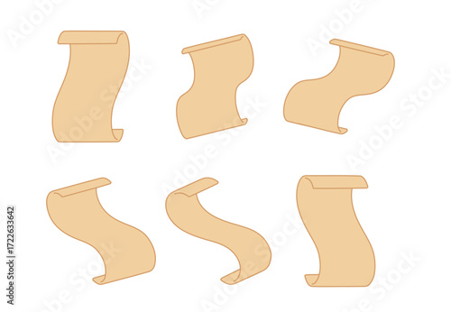 Flat line art illustration of parchment scrolls in different angles and perspectives. Minimal vintage paper, document, certificate or map isolated on white background