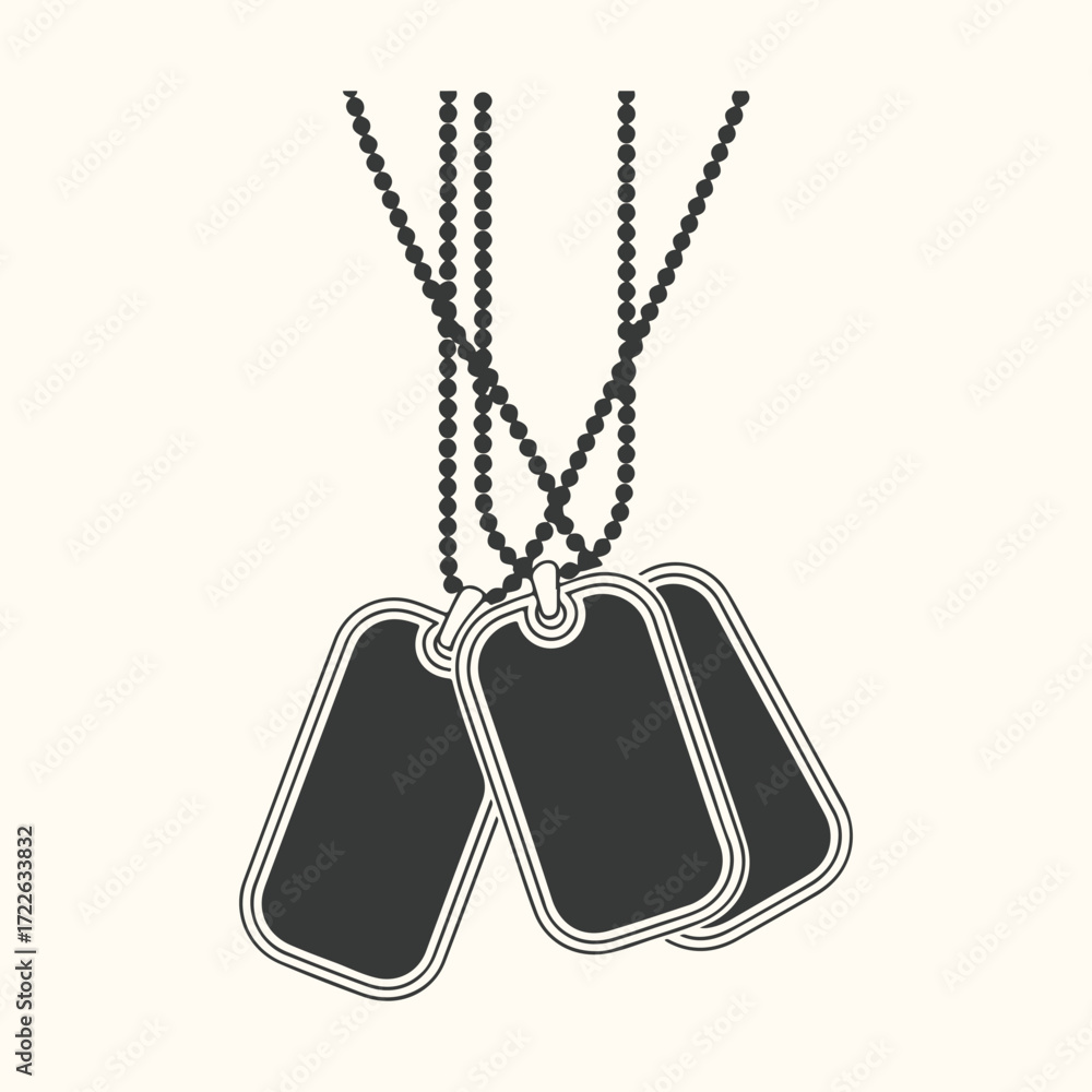 Fototapeta premium Vector art of three dark military dog tags hanging from beaded chains, symbolizing remembrance, service, and identity, against a plain background