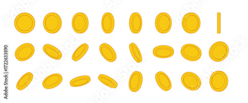 Flat line art illustration of gold coins in isometric angles and perspectives. Minimal 3D effect, money, finance, business, treasure or game asset isolated on white background