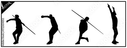 Collection of silhouettes of male javelin throwers. Athletics championship.