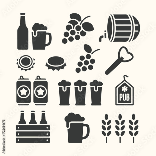 Vector art of collection of beer and pub related icons including bottles, cans, mugs, grapes, barrel, opener, wheat, and crate, isolated on a light background