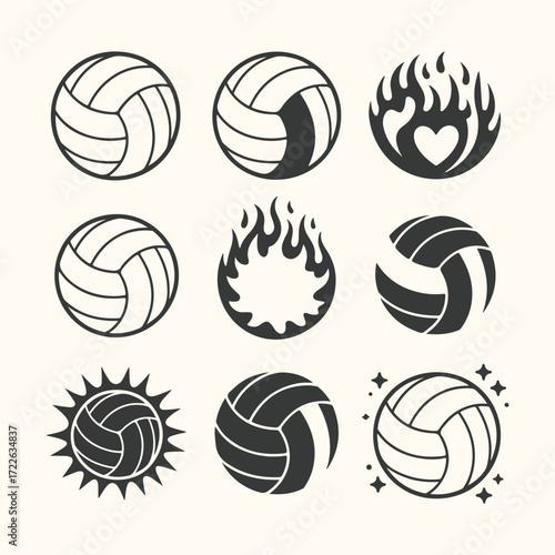 Vector art of collection of stylized volleyball icons and graphics, including flaming balls, sunbursts, and sparkling designs, isolated on a light cream background