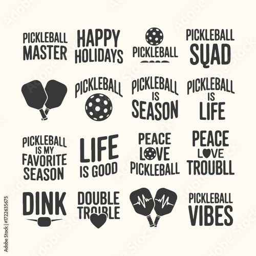 Vector art of pickleball themed graphic design with various phrases and icons related to the sport