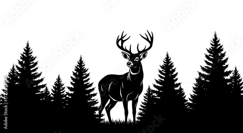 Majestic woodland stag silhouette standing among towering pine trees, embodying wilderness and natural elegance