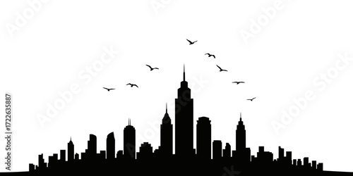 Dynamic black and white city skyline silhouette with graceful birds soaring above urban towers