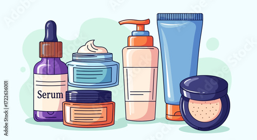 Assortment of skincare products for a beauty routine.