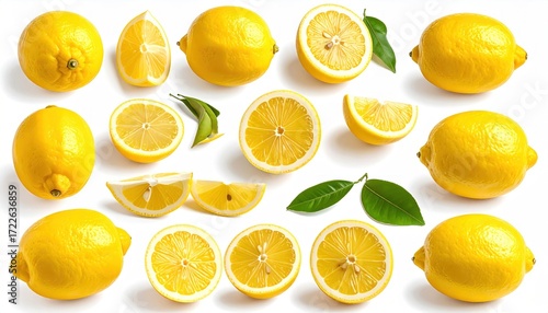 Wallpaper Mural Bright yellow lemons, whole, sliced, and quartered, scattered on a white surface, some with green leaves, casting soft shadows Torontodigital.ca