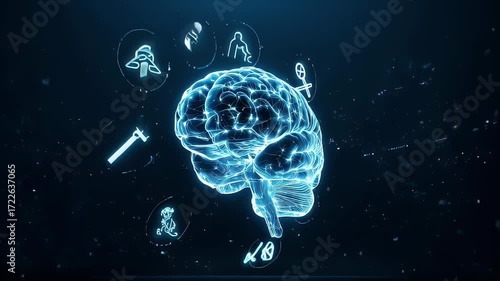 Abstract brain graphic with floating icons