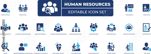Human resources and recruitment icon set.
recruitment, employee, business, managment, team, and interview icons.