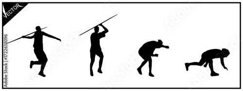 Set of silhouettes of four javelin throwers. Athletics competition. Vector illustration.