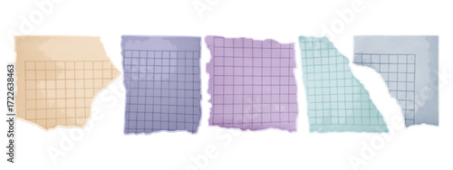 Torn pieces of checkered paper. Colored scraps from the edge of a school notebook, a blank note, part of a damaged page of a notebook. Contemporary collage art, cut out jagged edge. Vector halftone.	