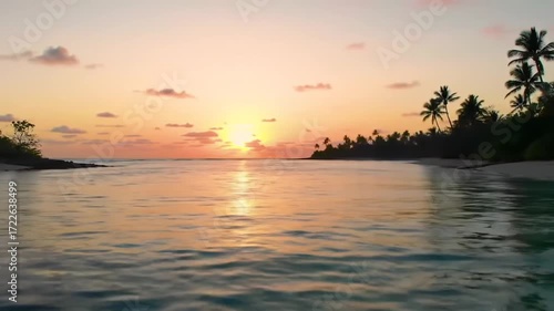A serene tropical beach at sunset with palm trees silhouetted against a vibrant orange and yellow sky reflected in the calm ocean water.