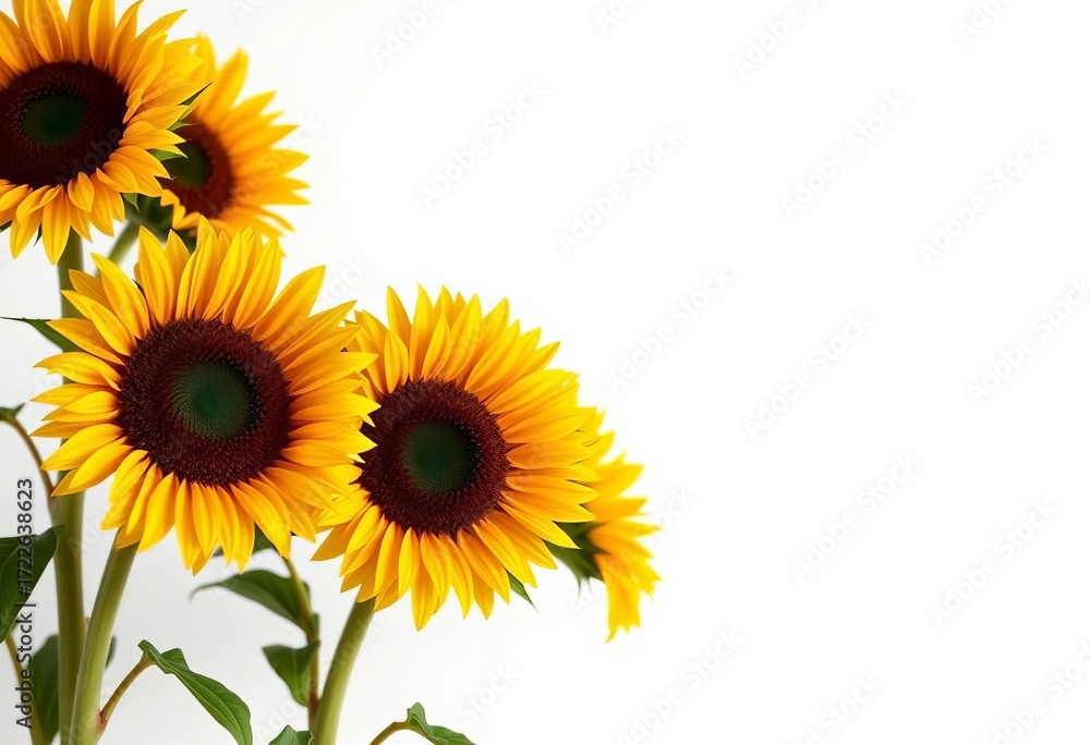 Fototapeta premium Vibrant sunflowers against a pure white backdrop, isolated, white background