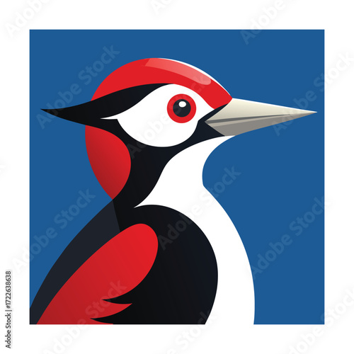 Woodpecker bird head with red crest on blue background