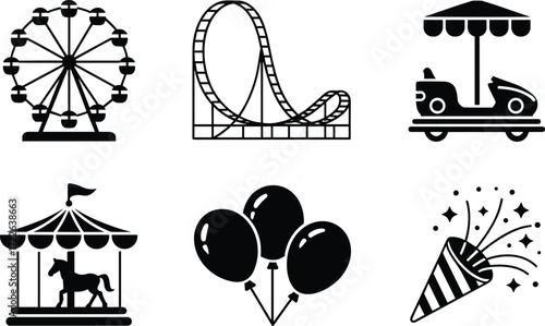 amusement park, carnival, Ferris wheel, roller coaster, bumper car, carousel, balloons, party popper, icon, silhouette, vector, graphic, entertainment, celebration, festive, minimal, 