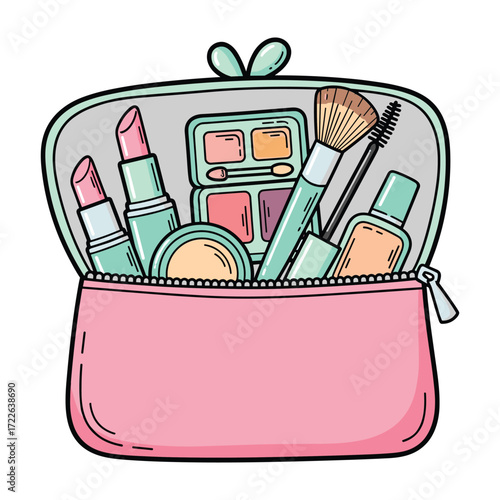 Pink makeup bag filled with cosmetics and beauty tools lipstick eyeshadow