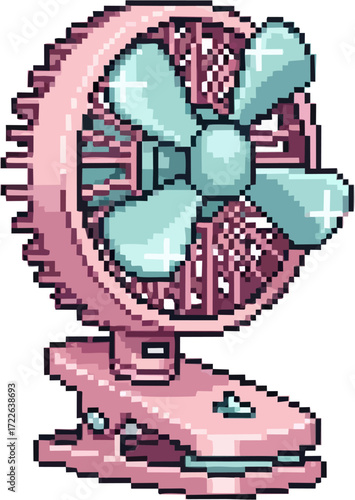 A pixelated pink and teal clip-on fan, designed with a retro aesthetic, ready to cool.