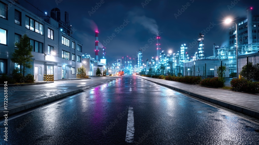 Fototapeta premium Dramatic Industrial Oil Refinery at Night with Reflections and Bright Lights