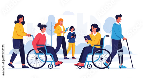 Diverse group of people with disabilities interacting in a community setting.