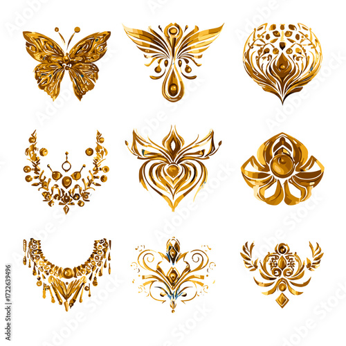 This collection features a set of high-end fashion icons rendered in gold, showcasing luxury accessories and apparel. The icons include elegant heels, perfumes, handbags, jewelry, and designer logos, 