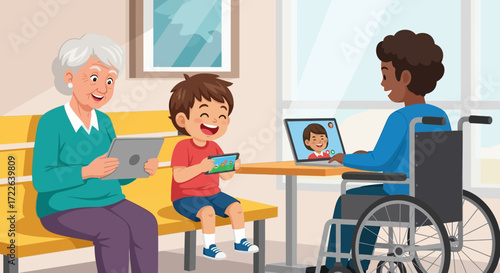 Grandmother and child with a man in a wheelchair using technology.