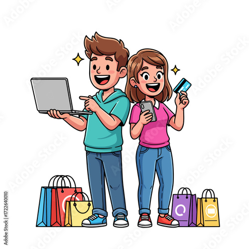 Happy couple enjoying online shopping, browsing on a laptop, paying with a credit card, and receiving shopping bags
