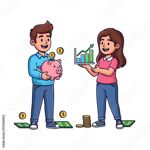 Young man and woman investing in their financial future, saving money, and achieving wealth growth