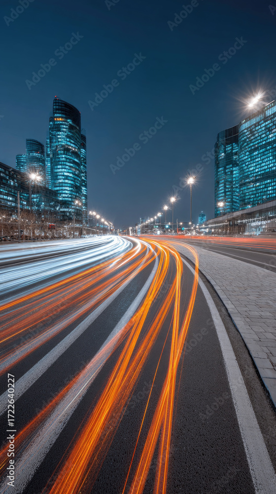 Obraz premium Light trails on city road at night with illuminated buildings