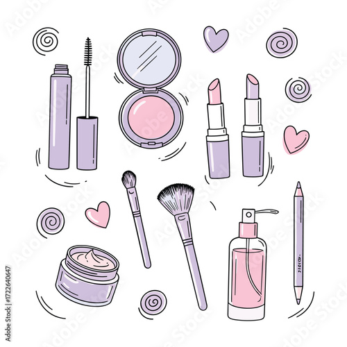 Pastel colored makeup and cosmetic items with decorative swirls and hearts cosmetics lipstick