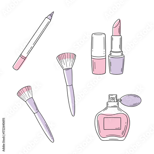 Pink and purple makeup items including lipstick brushes perfume bottle and eyeliner on white background