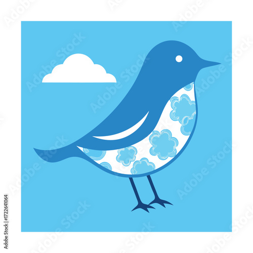 Blue Bird with Cloud Pattern on Chest and Cloud Background