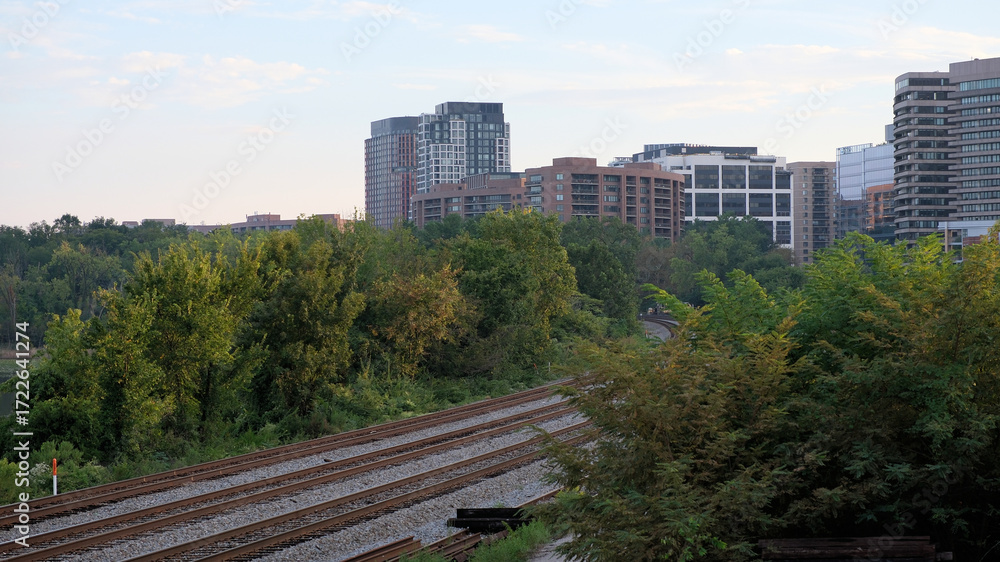 Fototapeta premium Railroad tracks leading into a city 