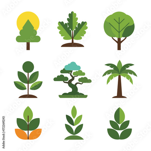Collection of nine flat design trees and plants in various green and brown tones with a yellow sun nature