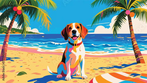 Dog On The Beach Illustrator Artwork Banner Background Design Template 