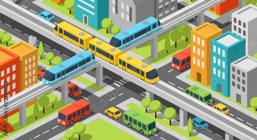 Isometric Cityscape with Elevated Trains and Roads.