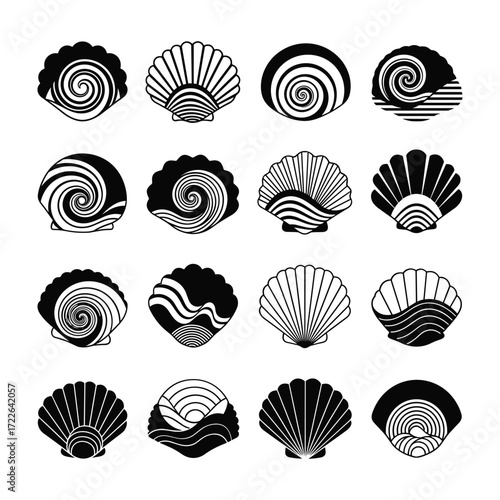 Collection of sixteen black and white stylized seashell and spiral designs nautilus scallop