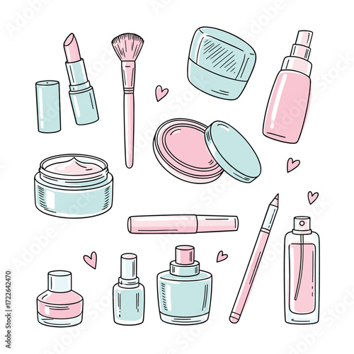 Pink and blue hand drawn cosmetic collection with lipstick brush cream and perfume bottles makeup cosmetics