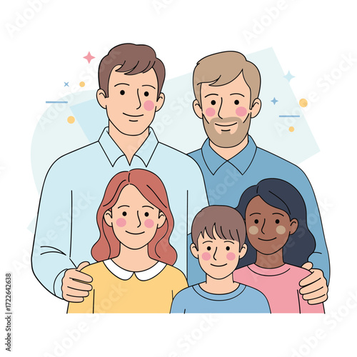 Two men and two children a family portrait illustration with soft pastel colors and sparkling accents