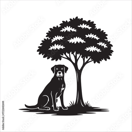 Fototapeta Dog silhouette sitting under a tree, calm composition