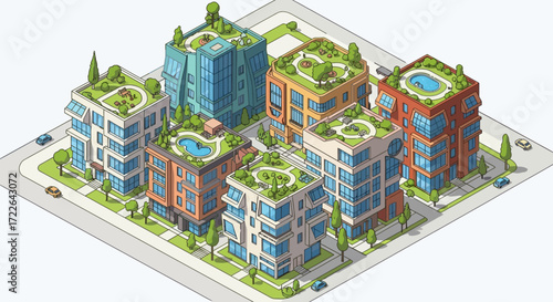 Isometric view of a modern green city block with sustainable buildings and rooftop gardens.