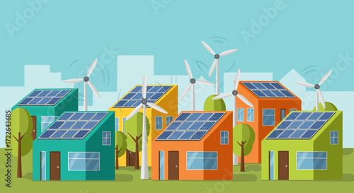 Sustainable homes with solar panels and wind turbines for green energy.
