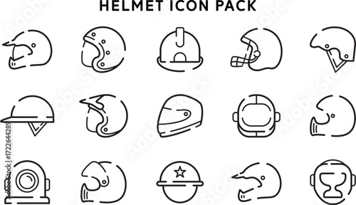 Helmet Icon Pack Featuring Various Styles in Simple Line Art