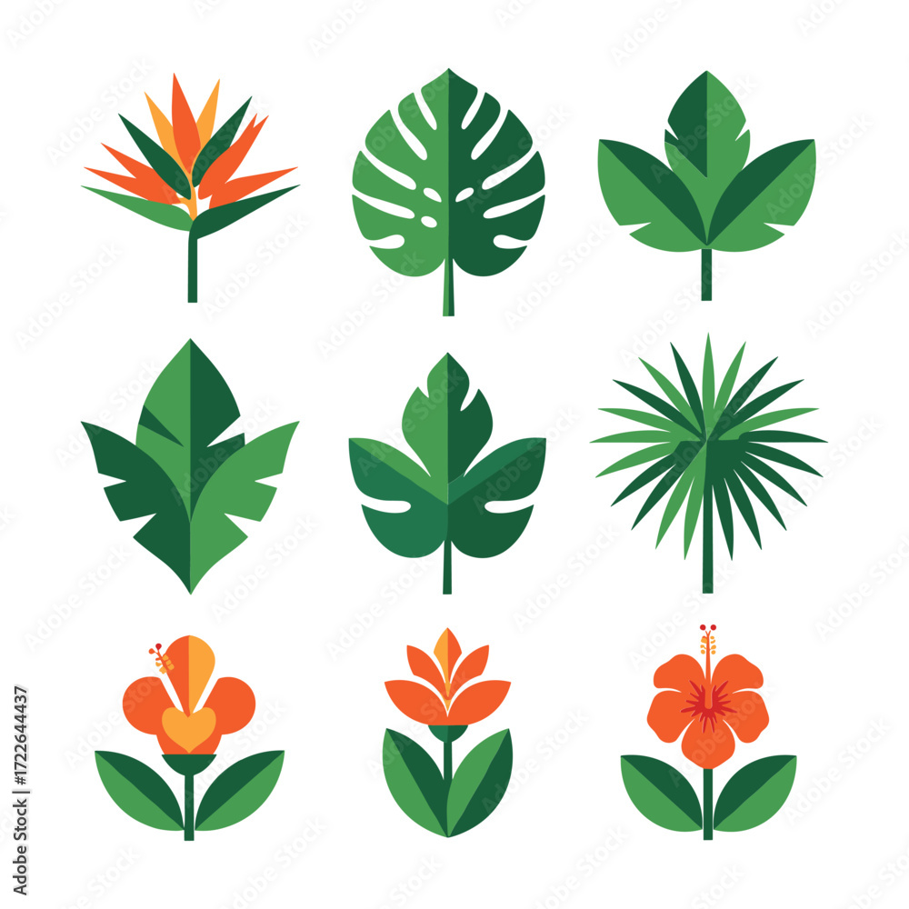 Obraz premium Collection of stylized tropical leaves and flowers in green orange and yellow tropical flowers bird of paradise