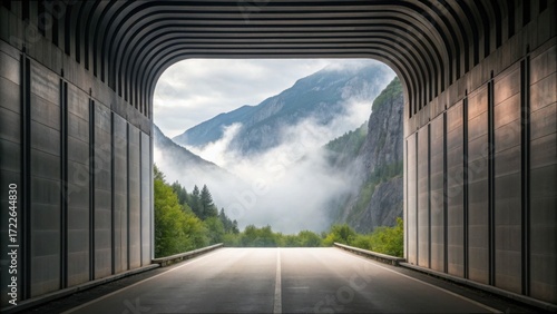 Tunnel Entrance with Scenic Mountain View and Misty Atmosphere