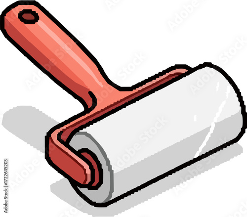 A red-handled paint roller with a white cylindrical cover, ready for painting or applying substances.